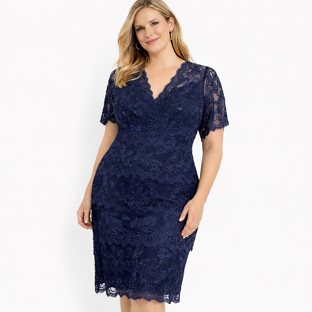 Marina Navy Blue Stretch Lace Beaded Cocktail Dress 18W Tiered Evening Plus Size